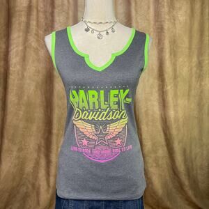 Harley Davidson Tank Top Motorcycles Neon Print Notch Neckline Sleeveless Gray